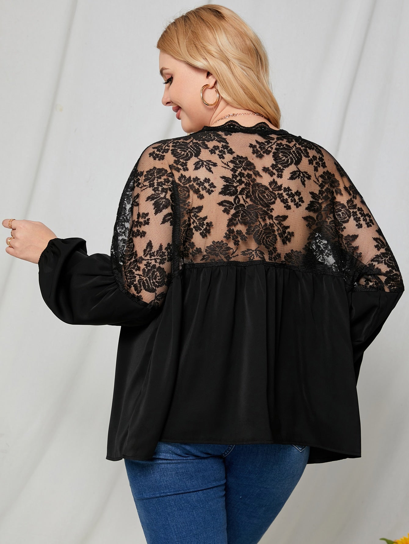 Plus Lace Insert Lantern Sleeve Blouse