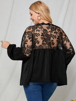 Plus Lace Insert Lantern Sleeve Blouse