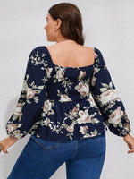 Plus Floral Print Shirred Lantern Sleeve Peplum Blouse
