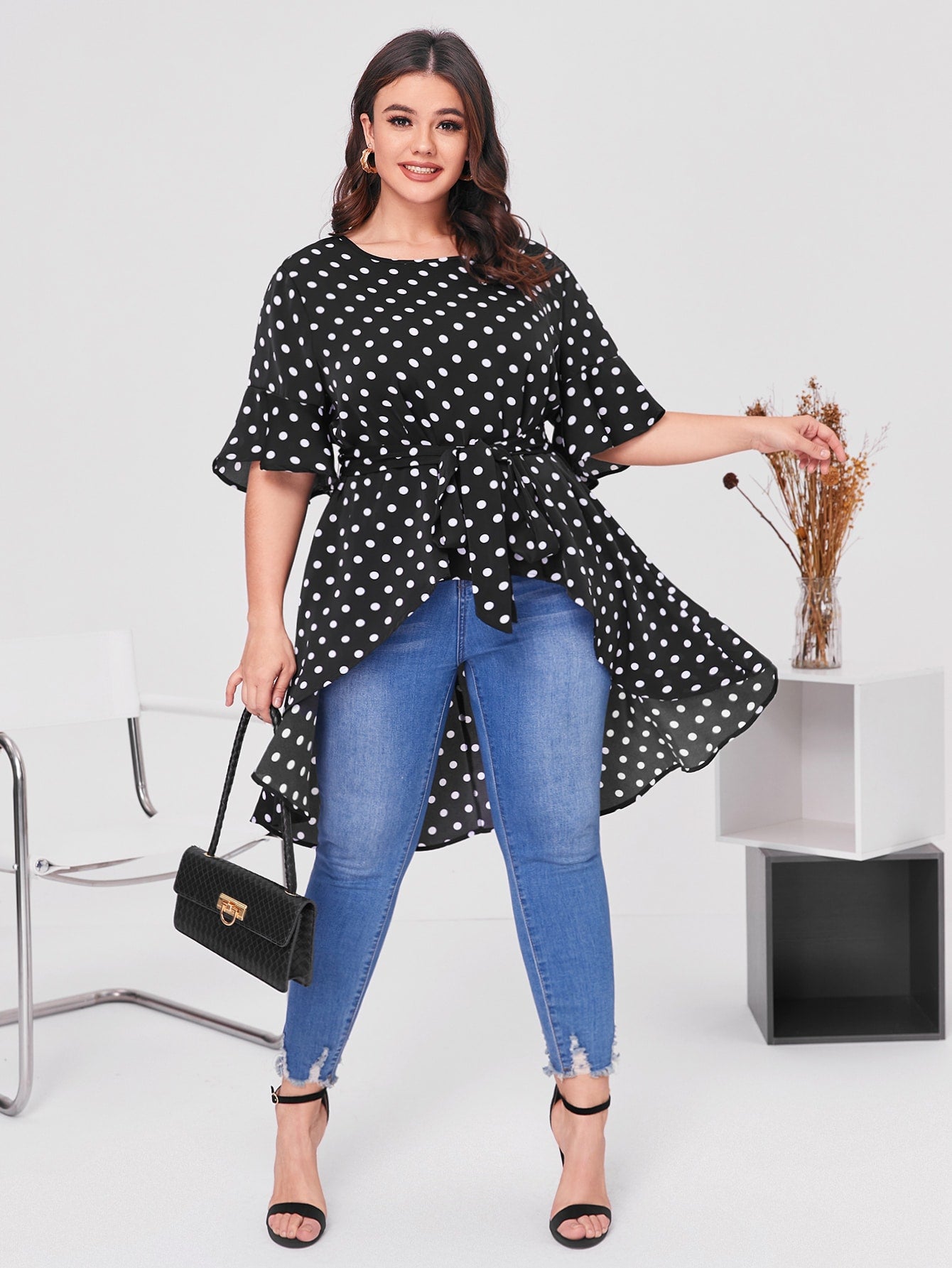 Plus Bell Sleeve High Low Hem Belted Polka Dot Top