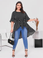Plus Bell Sleeve High Low Hem Belted Polka Dot Top