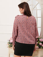 Plus Ditsy Floral Print Ruffle Trim Shirred Lantern Sleeve Blouse