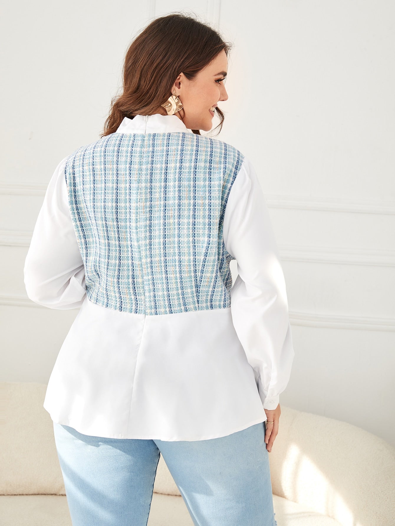 Plus Contrast Plaid Tie Neck Peplum Blouse