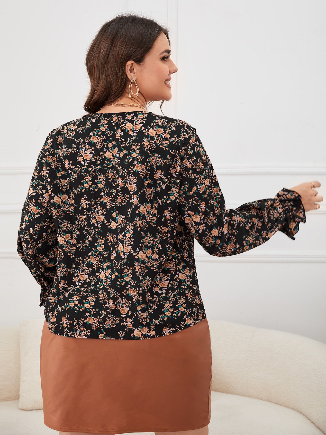 Plus Floral Print Ruffle Trim Flounce Sleeve Blouse