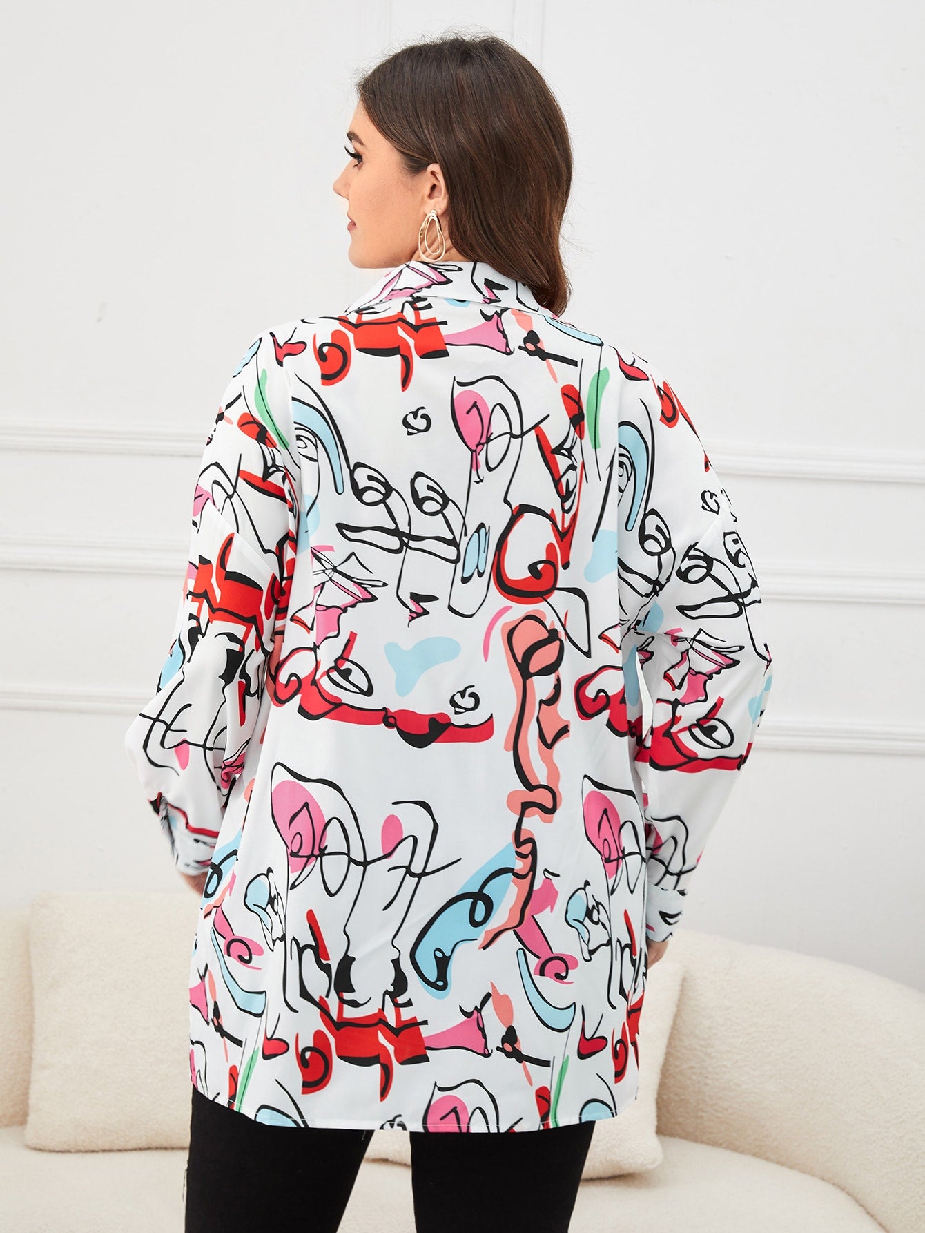 Plus Graphic Print Drop Shoulder Button Front Blouse