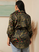 Plus Leopard Print Roll Tab Sleeve Belted Blouse
