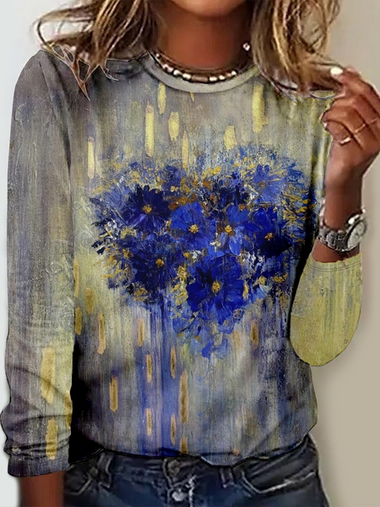 Loose Long Sleeve Crew Neck Floral Casual Regular T-Shirt