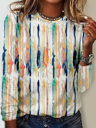 Loose Long Sleeve Crew Neck Abstract Stripes Casual Regular T-Shirt