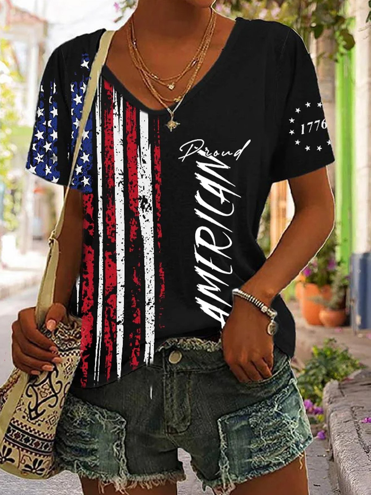 Loose Short Sleeve V Neck Independence Day Casual Regular T-Shirt