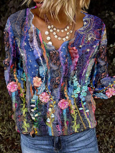 Casual Long Sleeve V Neck Floral Loose Regular Blouse