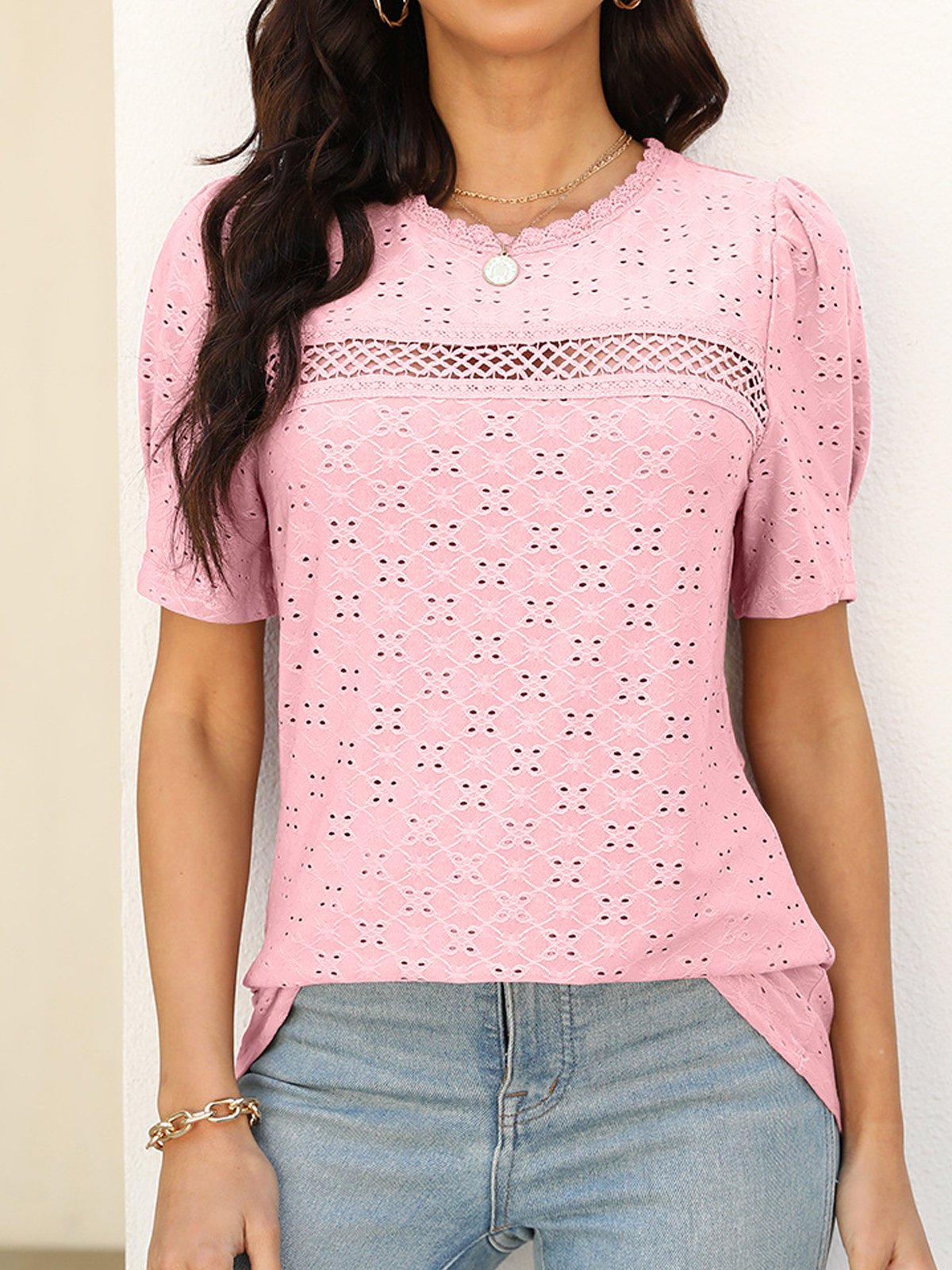 Loose Short Sleeve Crew Neck Plain Casual Regular Blouse