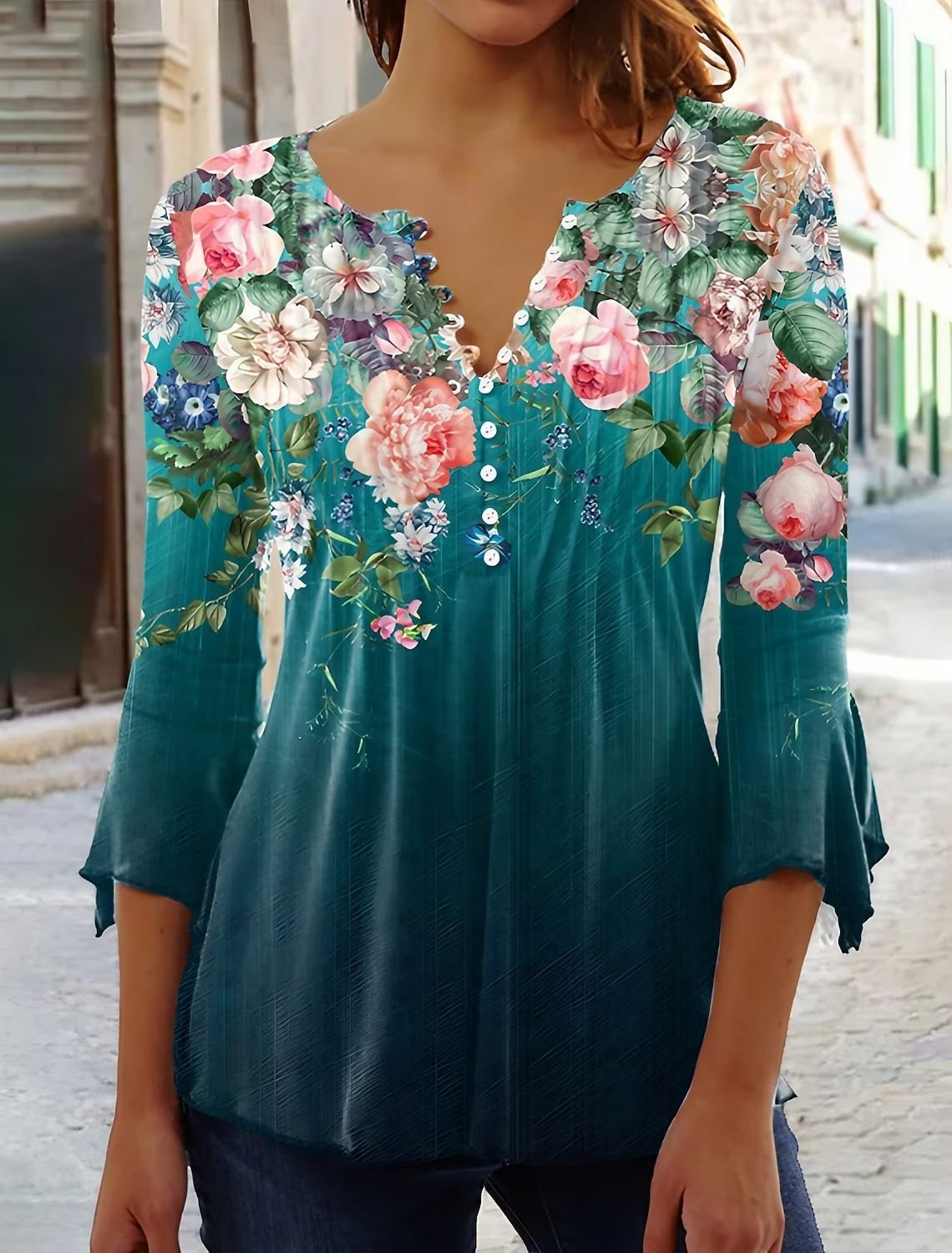 Loose Three Quarter Sleeve Crew Neck Floral Casual Regular Blouse