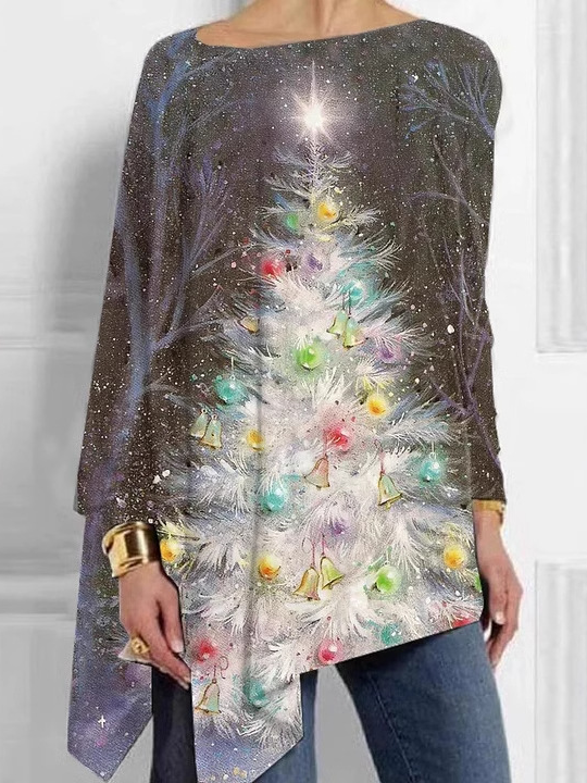 Loose Long Sleeve Crew Neck Christmas Casual Mid-Long Blouse