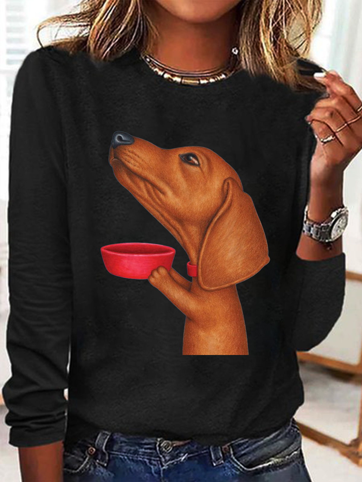 Loose Long Sleeve Crew Neck Dog Casual Regular T-Shirt