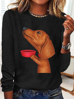 Loose Long Sleeve Crew Neck Dog Casual Regular T-Shirt