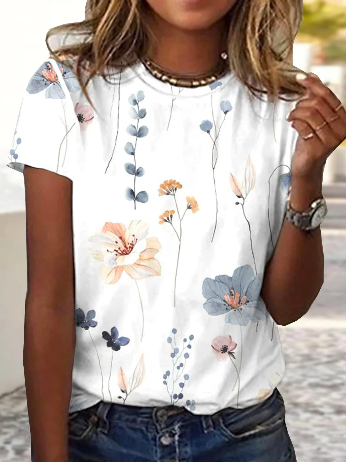 Loose Short Sleeve Crew Neck Floral Casual Regular T-Shirt