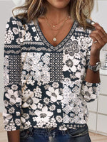 Casual Long Sleeve V Neck Floral Loose Regular T-Shirt