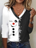 Long Sleeve V Neck Christmas Casual Regular T-Shirt