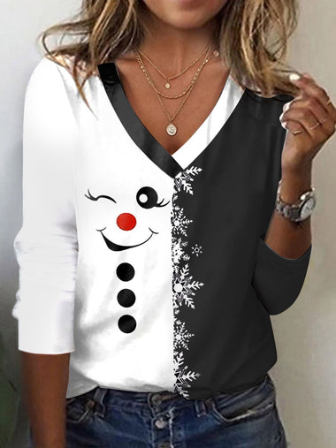 Long Sleeve V Neck Christmas Casual Regular T-Shirt