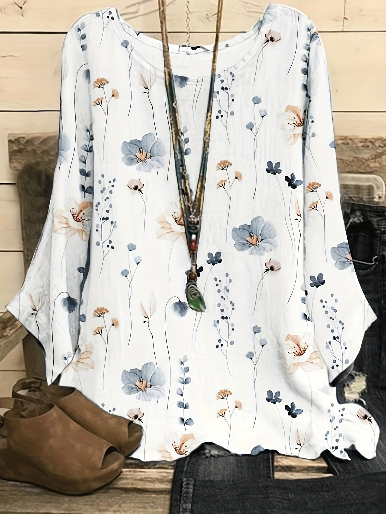Casual Long Sleeve Crew Neck Floral Regular Blouse