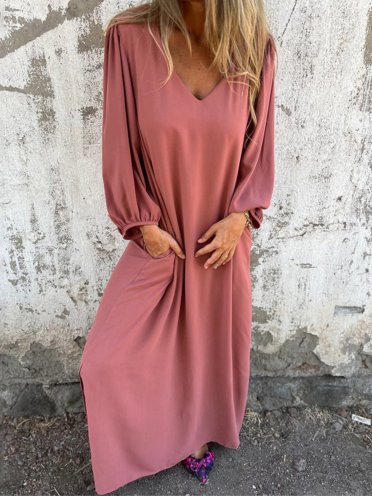 Casual Three Quarter Sleeve V Neck Plain Loose Maxi Dress