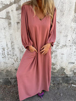 Casual Three Quarter Sleeve V Neck Plain Loose Maxi Dress