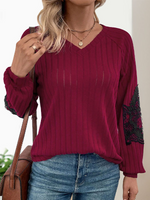 Casual Long Sleeve V Neck Plain Loose Regular Blouse