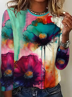 Casual Long Sleeve Crew Neck Floral Loose Regular T-Shirt