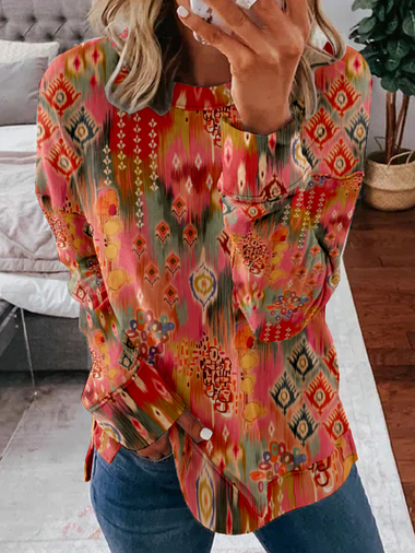 Casual Long Sleeve Crew Neck Ethnic Zipper Loose Regular Sweatshirt