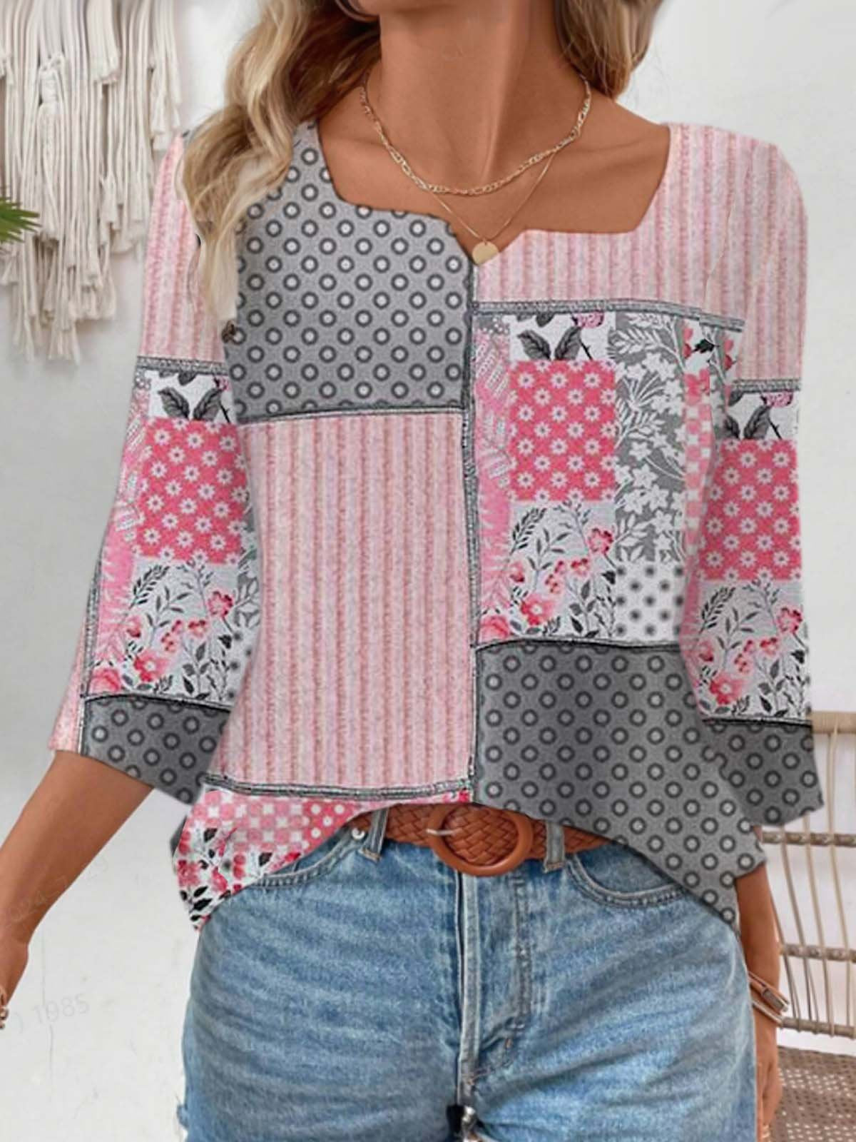 Casual Three Quarter Sleeve Notched Geometric Loose Regular T-Shirt