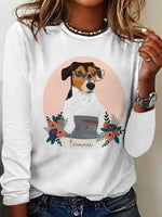 Loose Long Sleeve Crew Neck Dog Casual Regular T-Shirt