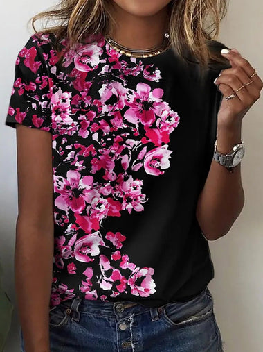 Casual Short Sleeve Crew Neck Floral Loose Regular T-Shirt