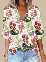 Casual Three Quarter Sleeve V Neck Paisley Loose Regular T-Shirt