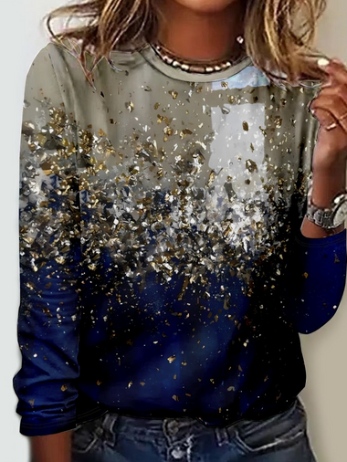 Loose Long Sleeve Crew Neck Ombre Casual Regular T-Shirt