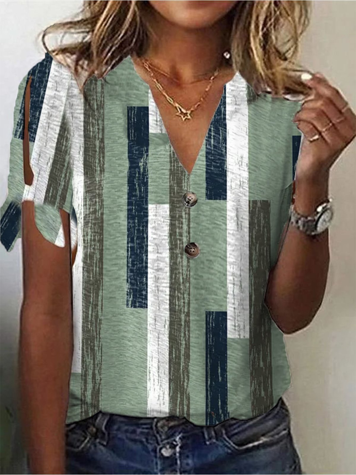 Casual Short Sleeve V Neck Colorblock Cut-Outs Loose Regular Blouse