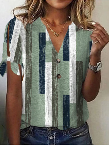 Casual Short Sleeve V Neck Colorblock Cut-Outs Loose Regular Blouse
