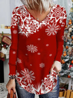 Loose Long Sleeve V Neck Snowflake Casual Mid-Long Blouse