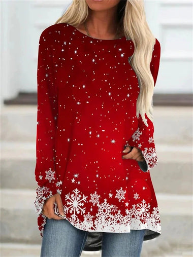 Casual Long Sleeve Crew Neck Christmas Loose Mid-Long Blouse