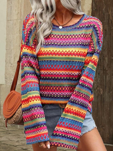 Casual Long Sleeve Crew Neck Multicolor Block Jacquard Loose Regular Blouse