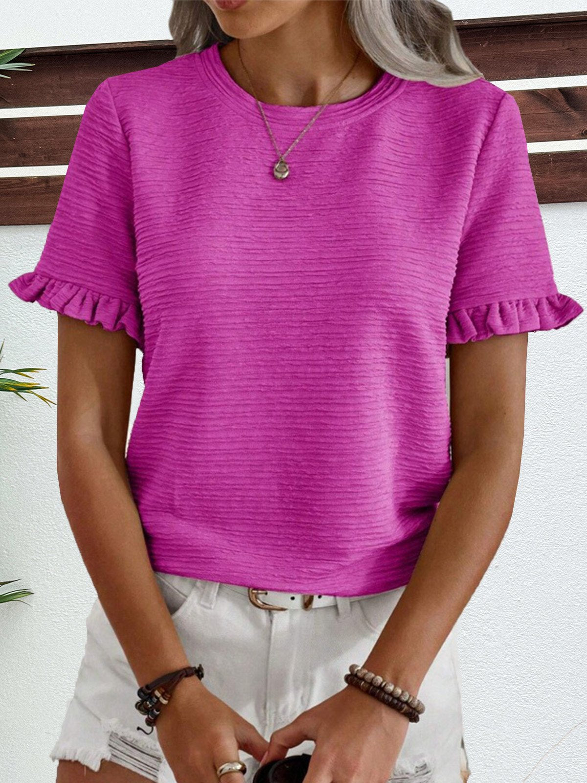 Casual Short Sleeve Crew Neck Plain Regular Blouse