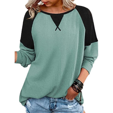 Loose Long Sleeve V Neck Color Block Casual Regular Blouse