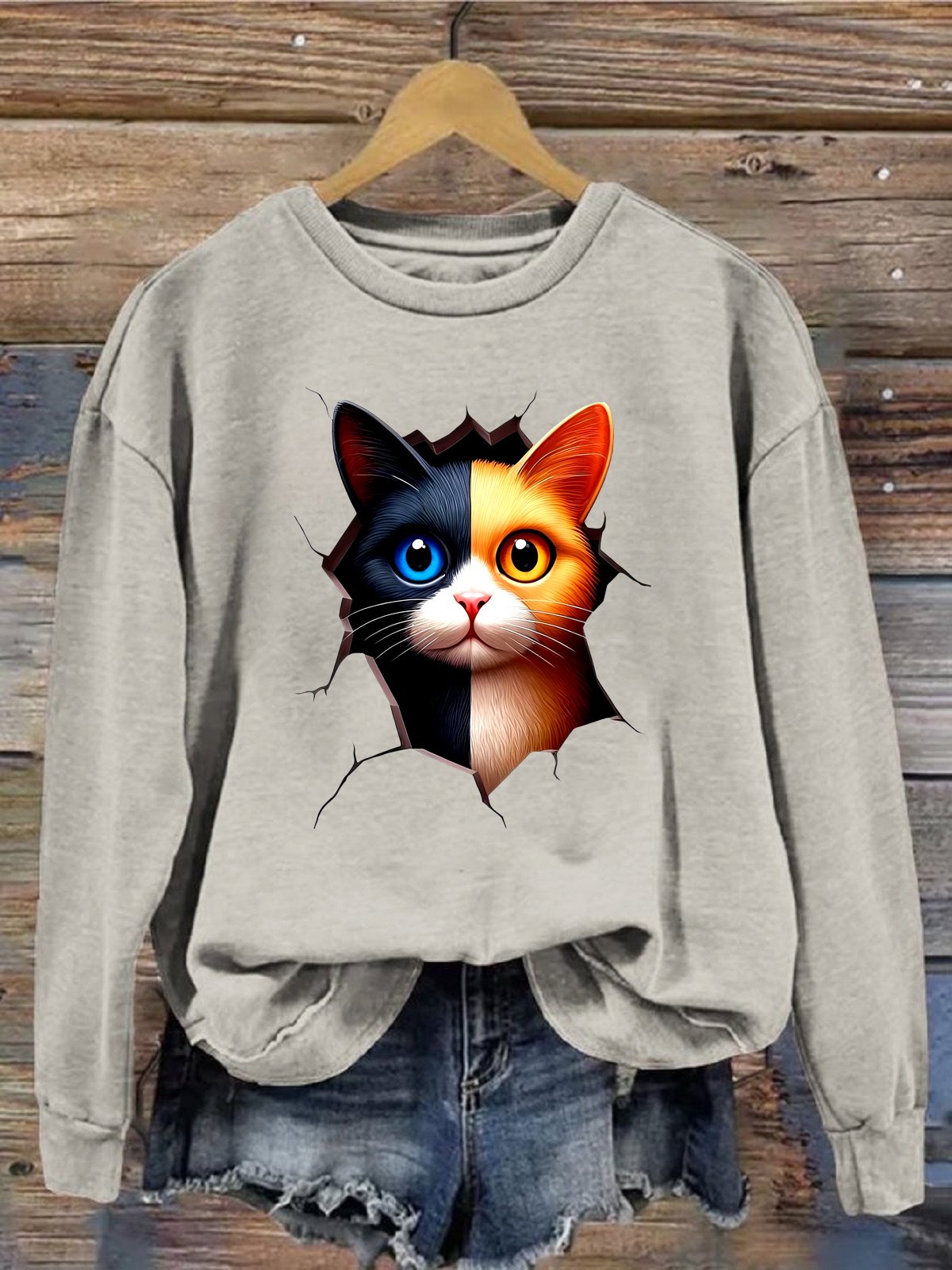 Casual Long Sleeve Crew Neck Cat Loose Regular Sweatshirt