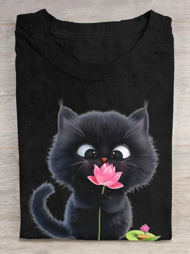 Casual Short Sleeve Crew Neck Cat Loose Regular T-Shirt