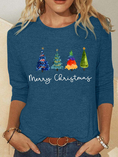 Casual Long Sleeve Crew Neck Christmas Tree Loose Regular Blouse
