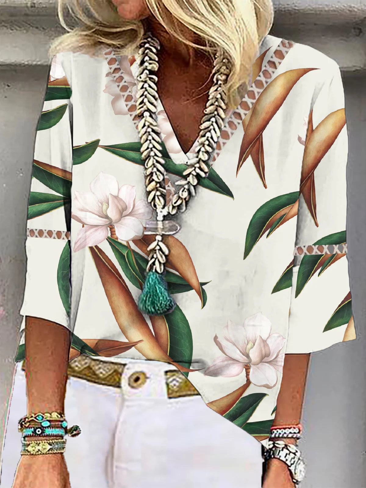 Loose Three Quarter Sleeve V Neck Plants Printing Casual Regular Blouse