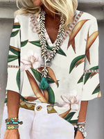 Loose Three Quarter Sleeve V Neck Plants Printing Casual Regular Blouse