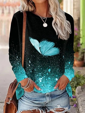 Casual Long Sleeve Crew Neck Gradient Pattern Loose Regular T-Shirt