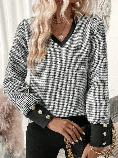 Casual Long Sleeve V Neck Plaid Regular Blouse