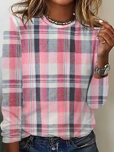 Loose Long Sleeve Crew Neck Plaid Casual Regular T-Shirt