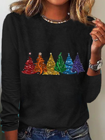 Long Sleeve Crew Neck Christmas Tree Casual Regular Blouse